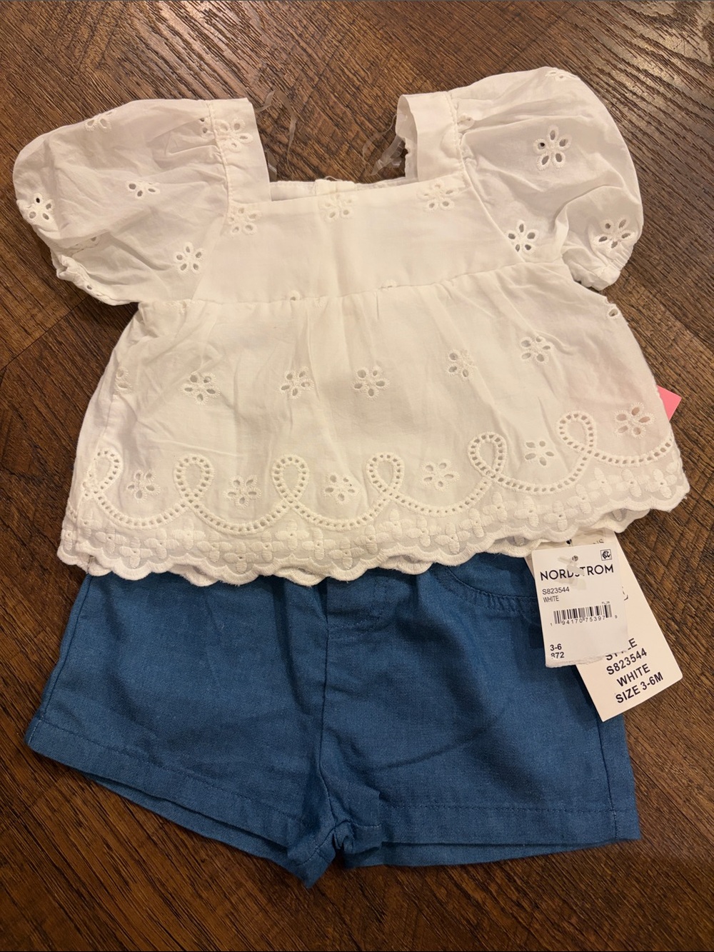 Nordstrom White Eyelet Top with Blue Shorts baby girl size 3-6 M